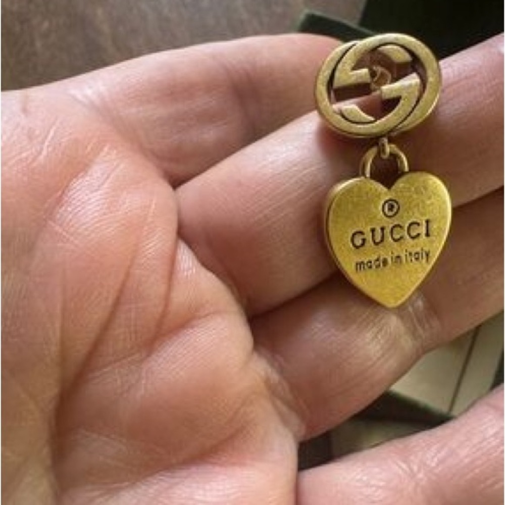 Gold Heart Drop Earrings with Interlocking Logo Accent - Picture 7 of 7